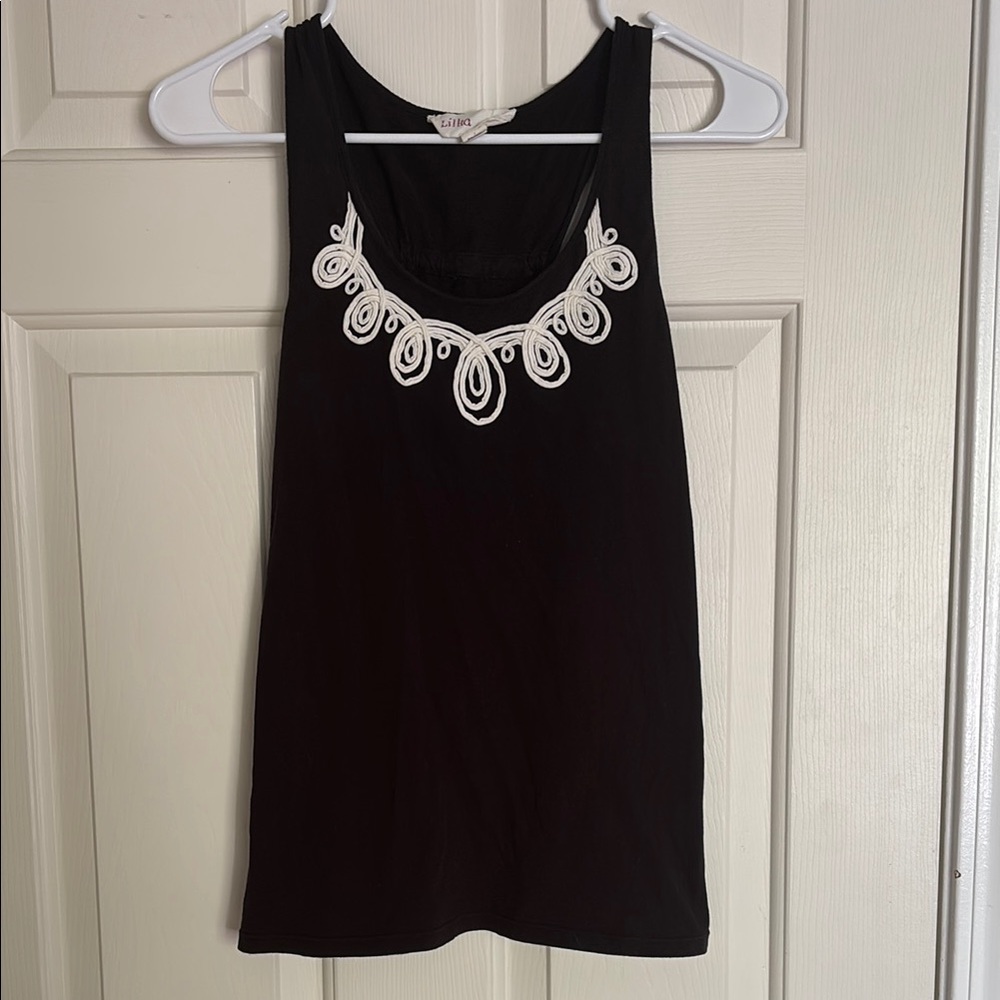 Black Sleeveless Top with White Embroidery